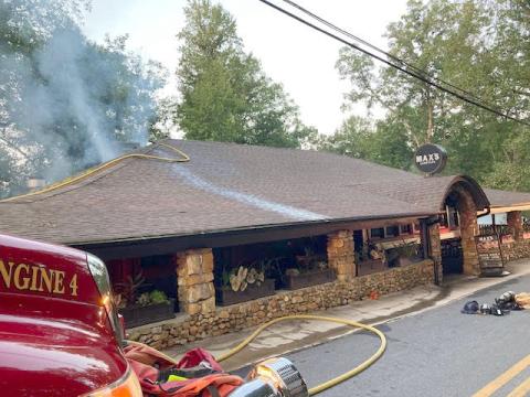 Photo courtesy of Rabun County Fire Services. Rabun County Fire Services works the scene of a structure fire at Max’s Lakeside restaurant on Lake Rabun Friday, Aug. 30. Firefighters were on scene at 5:22 a.m. until 9:50 a.m. 