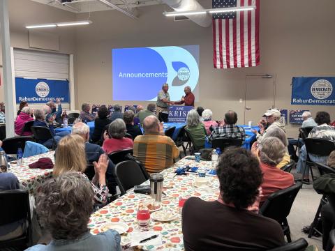 Submitted. Rabun County Commissioner Kent Woerner is welcomed to the Rabun County Democrats Oct. 14 meeting and speaks about the upcoming Special Purpose Local Option Sales Tax (SPLOST). A crowd of over 70 people attended the meeting. 