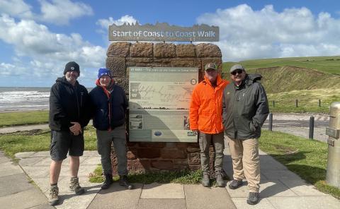 Local firefighter Chuck Bray, pictured far right, hiked 192 miles to raise awareness for the mental health of first responders during the Coast to Coast Walk in Northern England. Pictured with Bray at the start of the Coast to Coast Walk are Pete Lewin, a paramedic from England, Pete Keenan, who is retired military from England, as well as Skip Ockomon, a retired firefighter from Indianapolis who is with the Burnt Out Network Podcast along with Bray. 
