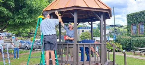 Megan Horn/The Clayton Tribune. Veterans of Foreign Wars (VFW) Post 4570 members work hard to keep the gazebo and Veterans Memorial Park looking nice for the community. Gary Cantwell-Army; Mark Edwards-Navy; David Bussiere-Air Force and Jon Jones-Army worked to serve their community at home. 
