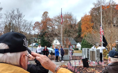 File photo/Conner Horn. Rusty Russ salutes during the Veterans Day Ceremony at Veterans Park in front of the courthouse Nov. 11, 2023. Russ is a retired Army National Guard and served in the military for 16 years. 