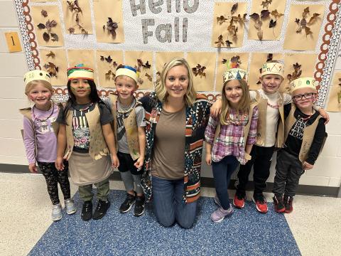 Photos courtesy of Rabun County Schools. Students Lilly Bray, Alisha Martinez, Reeves Page,  Mrs. Jamie Guffie (kindergarten teacher), Bayleigh Watts, Elliott Cheek, and Homer Best are dressed for the occasion! Below:  Goldie Marsengill and Thiago Diaz in Mrs. Hulsey’s Pre-K class “Dressed for Success” for a Thanksgiving Meal at Rabun County Primary School. 