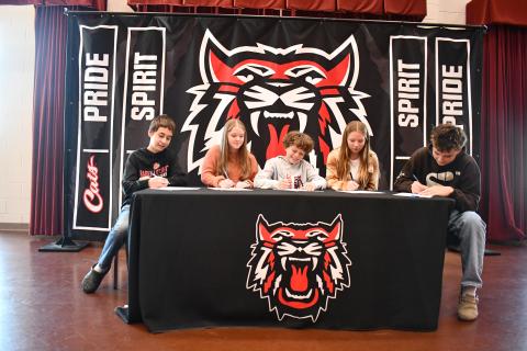Megan Horn/The Clayton Tribune. Rabun County Schools 2024-2025 REACH Scholars are Mason Beck, Danika Crane, Jessa Gipson, Everett Goodrow and Brayden Wood. The students were honored and had their scholarship signing ceremony on Nov. 21 in the Rabun County High School Fine Arts Building Band Room among family, friends, community supporters and school administrators. 
