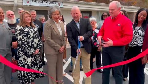 Photo courtesy of Forward Rabun/Rabun County Chamber of Commerce. Community members celebrate as Forward Rabun/Rabun County Chamber of Commerce cut the ribbon on The Wildcat Clinic at the Rabun County Board of Education complex. The clinic opened on Oct. 7.