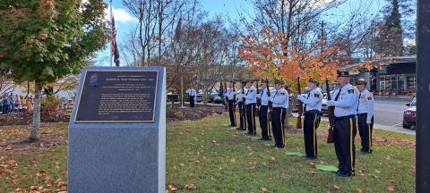 Megan Horn/The Clayton Tribune. The Honor Guard gave the Three Volleys and Danny Stephens performed TAPS during the Veterans Day ceremony at the memorial in front of the Rabun   County Courthouse Nov. 11. 