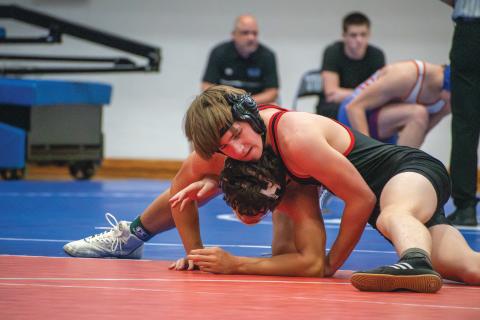 Wade Cheek/The Clayton Tribune. Jackson Word, a 144-pound wrestler, went 1-5 during this year’s King of the Mountain wrestling tournament at Towns County High School. 