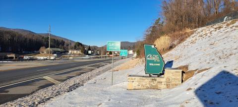 Megan Horn/The Clayton Trubune. Snow from Winter Storm Cora on a new Welcome sign for the city of Clayton erected by the The Clayton Downtown Development Authority (DDA).  