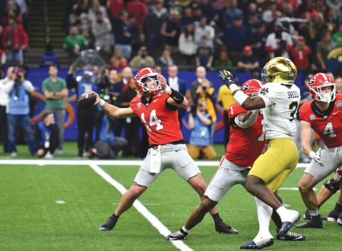 Wade Cheek/The Clayton Tribune. Former Rabun County football standout Gunner Stockton completed 20 passes for 234 yards and a touchdown in Georgia’s 23-10 loss to Notre Dame in the Allstate Sugar Bowl on Thursday, Jan. 2. 