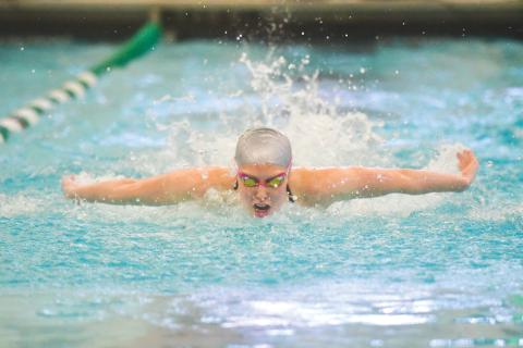 Wade Cheek/The Clayton Tribune. Senior swimmer, TFS record holder ,and Cincinatti-commit Madison Dampier took first place in the women’s 50m freestyle and the 100m Butterfly at the TFS “Light of the Mountains” Invitational that featured 15 teams on Saturday, Jan. 18. 
