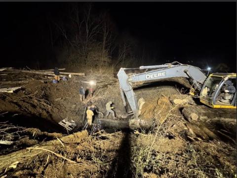 Submitted photo. Rabun County Water and Sewer Authority (RCWSA) employees spent 12 hours and worked throughout the night on Feb. 13 to restore water service after a 10-inch ductile iron water line was cut by a Georgia Department of Transportation contractor. 
