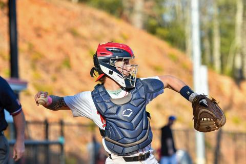 Wade Cheek/The Clayton Tribune.  Junior catcher Noah English throws down to second base in Rabun County’s 3-2 loss to Banks County on Tuesday, March 11. 
