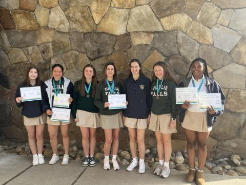 Submitted photo. Lily Gaglio (from left), Emily Cai, Raegan Duncan, Caroline Smith, Megan Prince, Gracie Gunter, and Joliet Okoronkwo bring home awards from TomeCon 2025.
