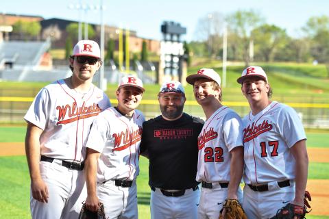 Wade Cheek/The Clayton Tribune. Rabun baseball’s 2025 seniors stand with head coach Wesley Satterfield (center) ahead of their region win over Athens Academy on Tuesday, April 8. This year’s senior class includes (from left) Michael Johnson, Parker Smith, Carver Jarrard and Elvis Hunt. 