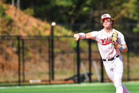Wade Cheek/The Clayton Tribune. Wildcat freshman shortstop Chase Alonso fires across the diamond for a put-out in Rabun’s doubleheader sweep of Oglethorpe County on Friday, April 18. 