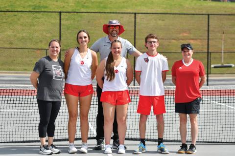Wade Cheek/The Clayton Tribune. The RCHS tennis program honored its Class of 2025 prior to its region match with Barrow Arts and Sciences Academy. This year’s senior tennis group includes Lady Cats Lucy Harvey and Ruby Richardson, and Wildcat Robbie Fountain. The three are joined by coaches (from left) Jennifer Ramey, Bryan Getty and Laura Quinn.