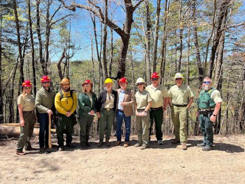 Submitted. U.S. Congressman Andrew Clyde (GA-09) (center) visited Rabun County on April 16 for a briefing on the Big Ridge Fire in the Chattooga River Ranger District from the U.S. Forest Service. Here Clyde stands with members of the U.S. Forest Service in the Big Ridge area.