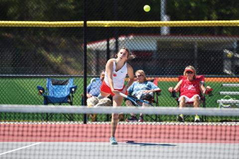 Wade Cheek/The Clayton Tribune. Doubles player Caroline Marshall and her teammate Ruby Richardson won their match against playoff foe Dodge County on April 28. 