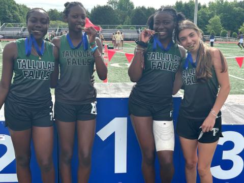 TFS Athletics. The Tallulah Falls girls 4x100-meter relay team of Jace Ibemere, Joanna Miller, Carlota Martinez and Sophia Williams-Angmor claimed a state title with a time of 51:02 in Locust Grove, Ga., last week.