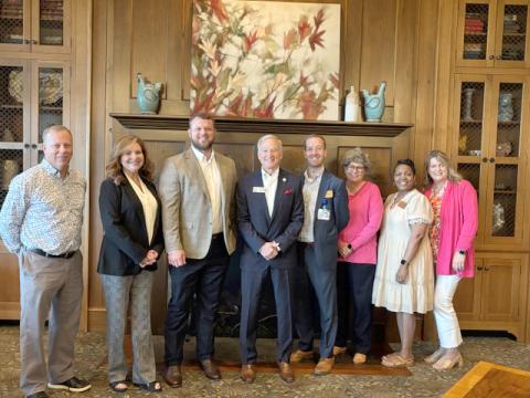 Submitted photo.  State Sen. Bo Hatchett and Rep. Chris Erwin recently spoke on topics addressed during the 2025 session of the General Assembly at the annual Toccoa-Stephens County Post Legislative Coffee at the Currahee Club. Pictured (from left) are Chamber board member Phil Hobbs, chamber chair Lisa Lawson, Hatchett, Erwin, Chamber board member Van Loskoski, Chamber board member Anne Shurley, Chamber vice chair Cassandra Wilkins, and Chamber president Julie Paysen.