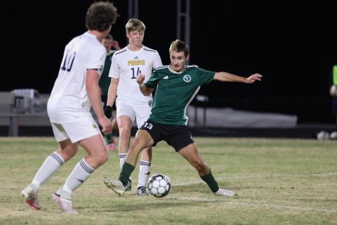 TFS Athletics. Senior Landon Hall fights for possession during a matchup last season against Prince Avenue Christian. The Indian soccer team will play in the Final Four of the GIAA AAAA state tourney on Saturday.