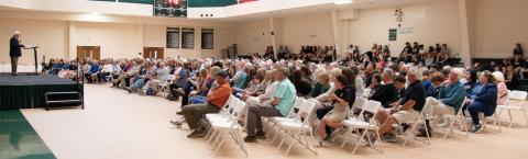 Photo courtesy TFS. President and Head of School Dr. Larry A. Peevy welcomes over 100 guests to Tallulah Falls School’s Grand Day. 