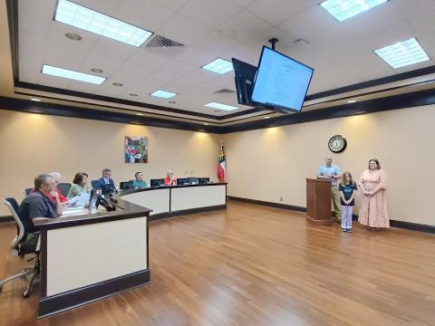 Megan Horn/The Clayton Tribune. Third Grader Lucy Arnett was announced as the Young Georgia Authors Pioneer RESA District winner for writing titled “The Life of a Pencil.” Arnett will go on to compete at the state level. She was recognized at the April 28 Rabun County Board of Education meeting where board members, school administrators and fellow students clapped and congratulated her on her recognition. 