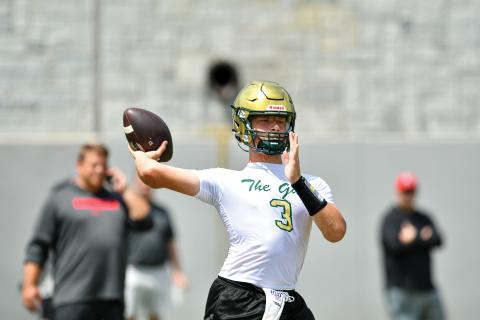 Wade Cheek/The Clayton Tribune. Sophomore transfer Grayson Clary gets some work in at the Georgia 7-on-7 team camp on Tuesday, June 10. Clary has split summer reps with Owens. 