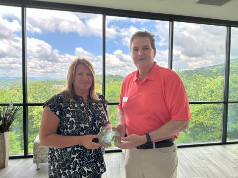 Submitted photo. Mountain Lakes Medical Center was announced as “Best Outstanding Healthcare Provider” during the Forward Rabun/Rabun County Chamber of Commerce “2025 Awards Hoedown” on May 31. Pictured are Kristy Hall,CEO of Mountain Lakes Medical Center, left, and Mickey Duvall, business and economic development strategist for Forward Rabun, Inc. Hall recently accepted the award on behalf of the hospital. 