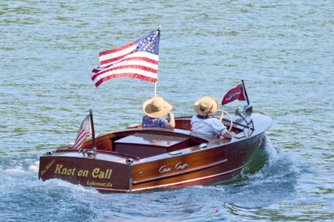Photo courtesy K.A. Hamdy-Swink. This 1950 Chris Craft Runabout ‘17 is “Knot on Call” while participating in Lake Rabun’s annual Wooden Boat Parade on July 6. It is owned by Dr. Helen McSwain. 