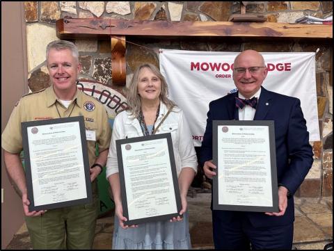 Submitted. The Georgia Tribe of Eastern Cherokee and the Executive Board of the Northeast Georgia Council, BSA, joined on June 26 to sign a Memorandum of Understanding that expressed these shared values and a commitment to support each other in increasing awareness and promoting authentic Cherokee heritage. Pictured are Trip Selman, Rhonda Bennett and Michael Levengood holding framed copies of the Memorandum of Understanding (MOU). 