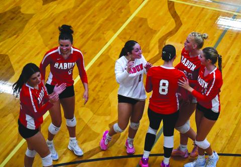 Enoch Autry/The Clayton Tribune. Rabun County Lady Cats volleyball celebrate after a solid play against visiting Flowery Branch on Aug. 5.