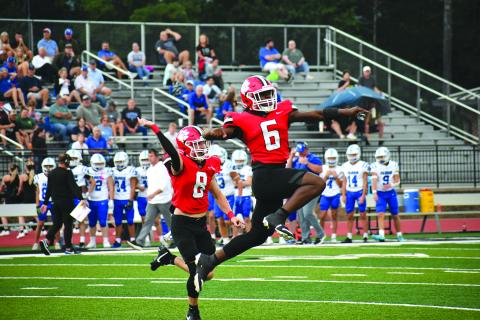 Enoch Autry/The Clayton Tribune. Rabun County junior JK Fruster (6) and sophomore Colter Cannon celebrate the Wildcats recovering a Fannin County fumble deep in Rebel territory in RCHS’s 35-0 shutout at Frank Snyder Memorial Stadium.