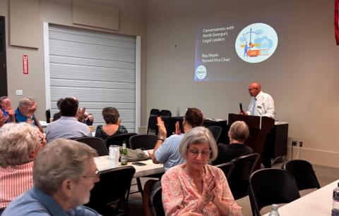 Submitted.  Ray Mayer leads an informative discussion about the judicial system in Rabun County during the July 14 General Meeting of the Rabun County Democrats. Mayer is on the Democrats’ Executive Board and is the assistant district Attorney of the Mountain Judicial Circuit in Banks County. Mayer previously served in the same role in Rabun County. 