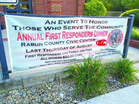 Megan Horn/The Clayton Tribune. The community is invited to the third annual Rabun County First Responders’ Appreciation Dinner on Thursday, Aug. 28. Attending the event is a great way to show support to our community’s first responders for their service and sacrifice. First responders and their family members are free. All other guests pay $20 cash at the door the day of the event. 