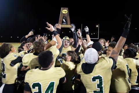File Photo/The Clayton Tribune. Last year the Rabun Gap Eagles hoisted their first football state championship. The road to potentially repeat will be involve navigating through one of the toughest high school schedules in America. RGNS begins its season at national power Grayson on Aug. 22.