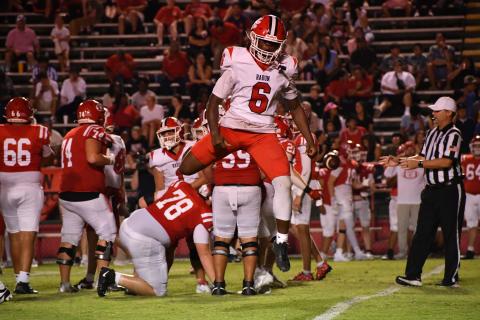 Wesley Branch/The Clayton Tribune. Rabun County junior linebacker JK Fruster celebrates after a sack versus Dalton on Sept. 5. The Wildcats defeated the Catamounts 49-42 to improve to 3-0.