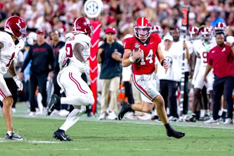 Photo/Conor Dillon/UGAAA. Current Georgia and former Rabun County quarterback Gunner Stockton runs versus Alabama in the Bulldogs’ 24-21 loss to the Crimson Tide. Stockton threw for 130 yards and a touchdown in the game and ran for 22 yards. UGA plays Kentucky at home on Saturday.