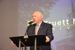 Denise Etheridge/CNI News Service. New Truett McConnell Interim President Dr. John Yarbrough speaks to reporters at a press conference Friday morning, Sept. 26.