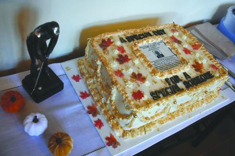 Enoch Autry/The Clayton Tribune. A cake with a copy of the dedication information for Jim Bleckley was created for the Oct. 24 ceremony at the county’s welcome center.