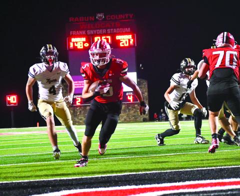 Enoch Autry/The Clayton Tribune. Reid Giles goes into the end zone for his sixth touchdown of the night against Commerce on Oct. 3 as the senior had five TDs rushing and another on a punt return. He finished with 243 yards rushing.