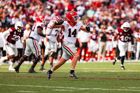 Tony Walsh/UGAAA. Current Georgia and former Rabun County quarterback Gunner Stockton throws downfield in Georgia’s 41-21 win over Mississippi State on Nov. 8. UGA will host No. 10 Texas in another SEC showdown Saturday.
