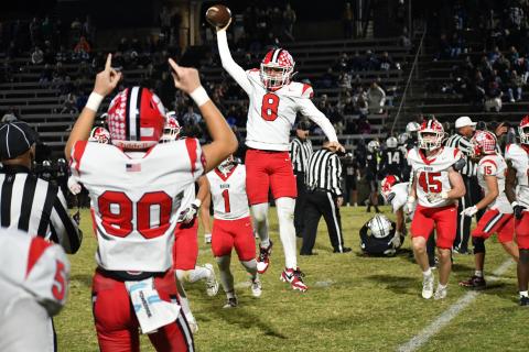 Wesley Branch/The Clayton Tribune. Rabun County sophomore Colter Cannon celebrates a fumble recovery in the Wildcats’ 31-23 win over the Blue Devils at Elbert County. Cannon also had an interception in the game. RCHS concluded its regular season at 8-2 and now will host Dodge County on Nov. 14 in the first round of the state playoffs.
