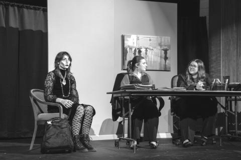Submitted Photo. Senior Josslyn Webber gives an award-winning performance in her role as Nancy Neimeier, with her black and white personality, who troubles Jackie Southern, played by Jo Newell, and Rita Morales, played by Allison York, who are trying to hire a new secretary for their company. 