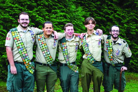 Submitted Photo. Liam Broz, Ben McKissack, Quinn Weingartz and Koda Rodriguez pose together as five of this year’s new Eagle Scouts in Rabun County.