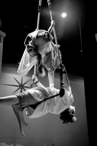 Submitted Photo. Abigail Brenner ’26 of Franklin, N.C., and Allen Arbitter ‘26 of Clayton, portray significant roles in Rabun Gap-Nacoochee School’s production of Lux Nativitas, which is a walk through the Gospel account of the nativity, with live music, inspired circus arts, and dance. 