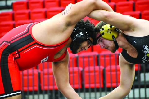 Wesley Branch/The Clayton Tribune. Rabun County sophomore Joseph Gonzalez battles with a Hayesville (N.C.) wrestler in his first match of the night on Dec. 10.