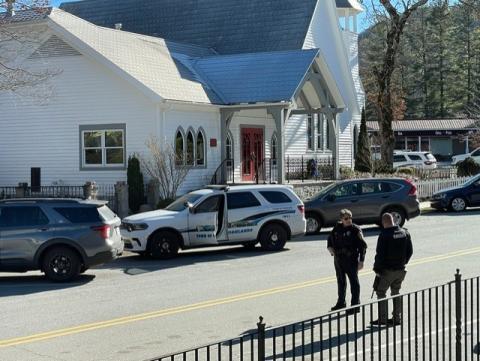 Josh Bryson/The Highlander. The Highlands Police Department, Macon County Sheriff’s Department and Highlands Fire and Rescue respond to the swatting incident at the Church of the Incarnation on Dec. 11.