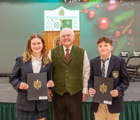 Photo courtesy of TFS. Senior Carsyn Griffis of Tallulah Falls and eighth-grader West Ridlehoover stand with President and Head of School Dr. Larry A. Peevy. Griffis was named as Upper School Outstanding Student of the Year and Ridlehoover was named as Middle School Outstanding Student of the Year. 