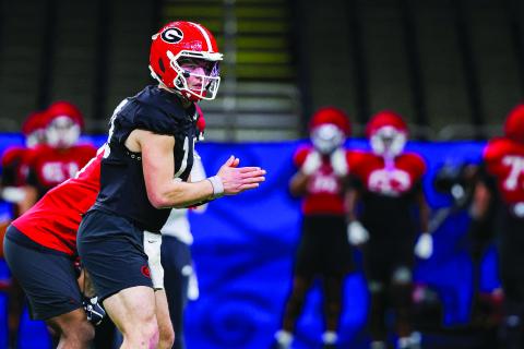 Tony Walsh/UGAAA. Current UGA and former Rabun County quarterback Gunner Stockton in Georgia’s practice session before the Sugar Bowl versus Ole Miss on Jan. 1. Stockton had 223 total yards and three touchdowns in Georgia’s 39-34 Sugar Bowl loss. 