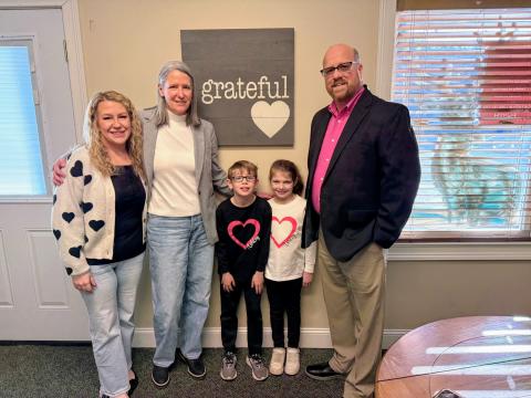 Local nonprofit Women of Worth (WOW) Recovery recently received a generous donation that sponsors the very first client for the new women’s residential substance-abuse recovery center in Rabun County. The donation was “In Loving Memory” of Ashley Fricks Blalock. Pictured are WOW Recovery Director Ashley York; Executive Director of F.A.I.T.H. Caroline Wallis; Jasher Blalock, 9; Jaley Blalock, 8; and James Blalock, wearing shirts in honor of Ashley. 